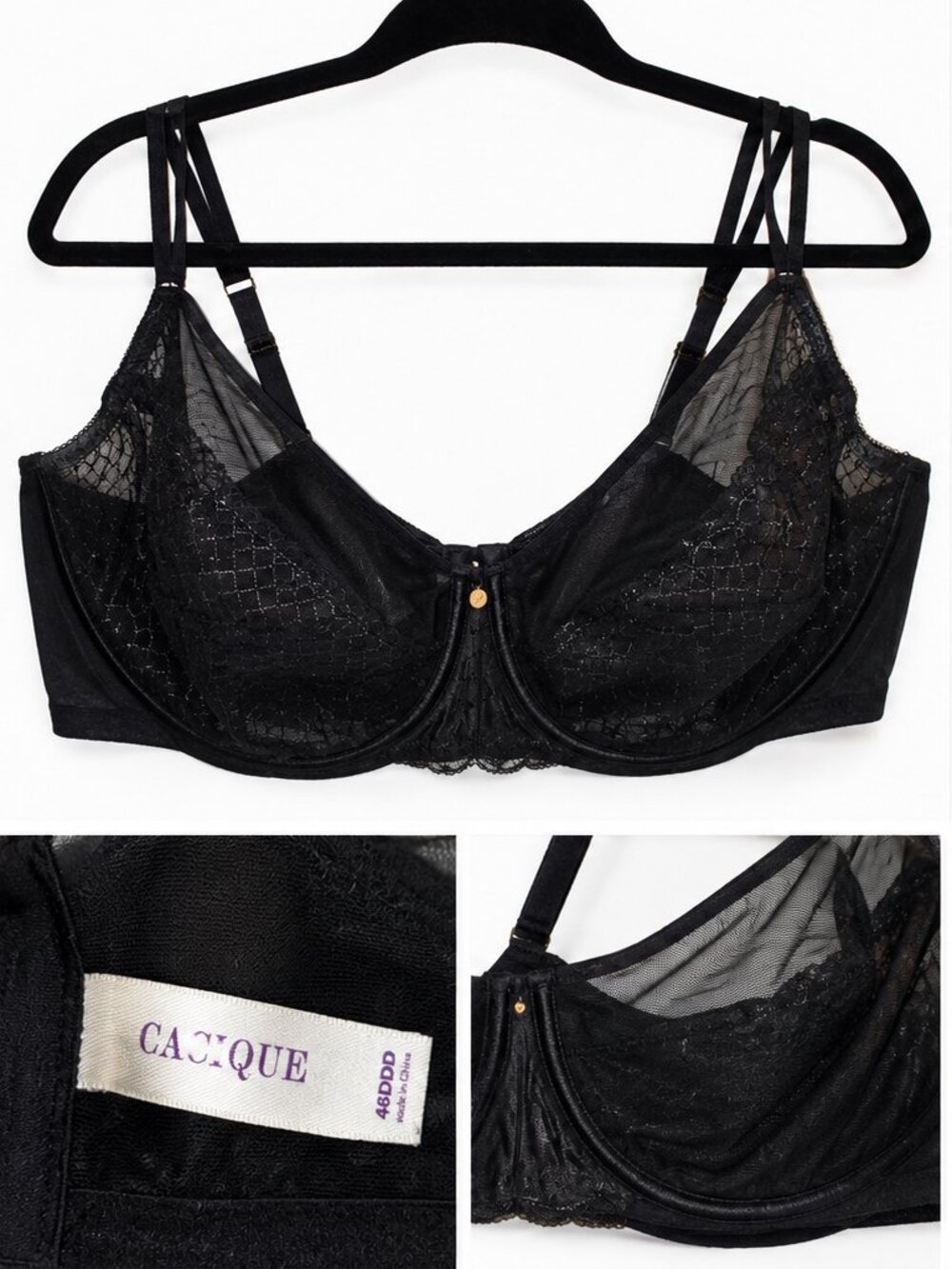 Cacique Black Lace & Mesh Underwire Bra – Size 46DDD